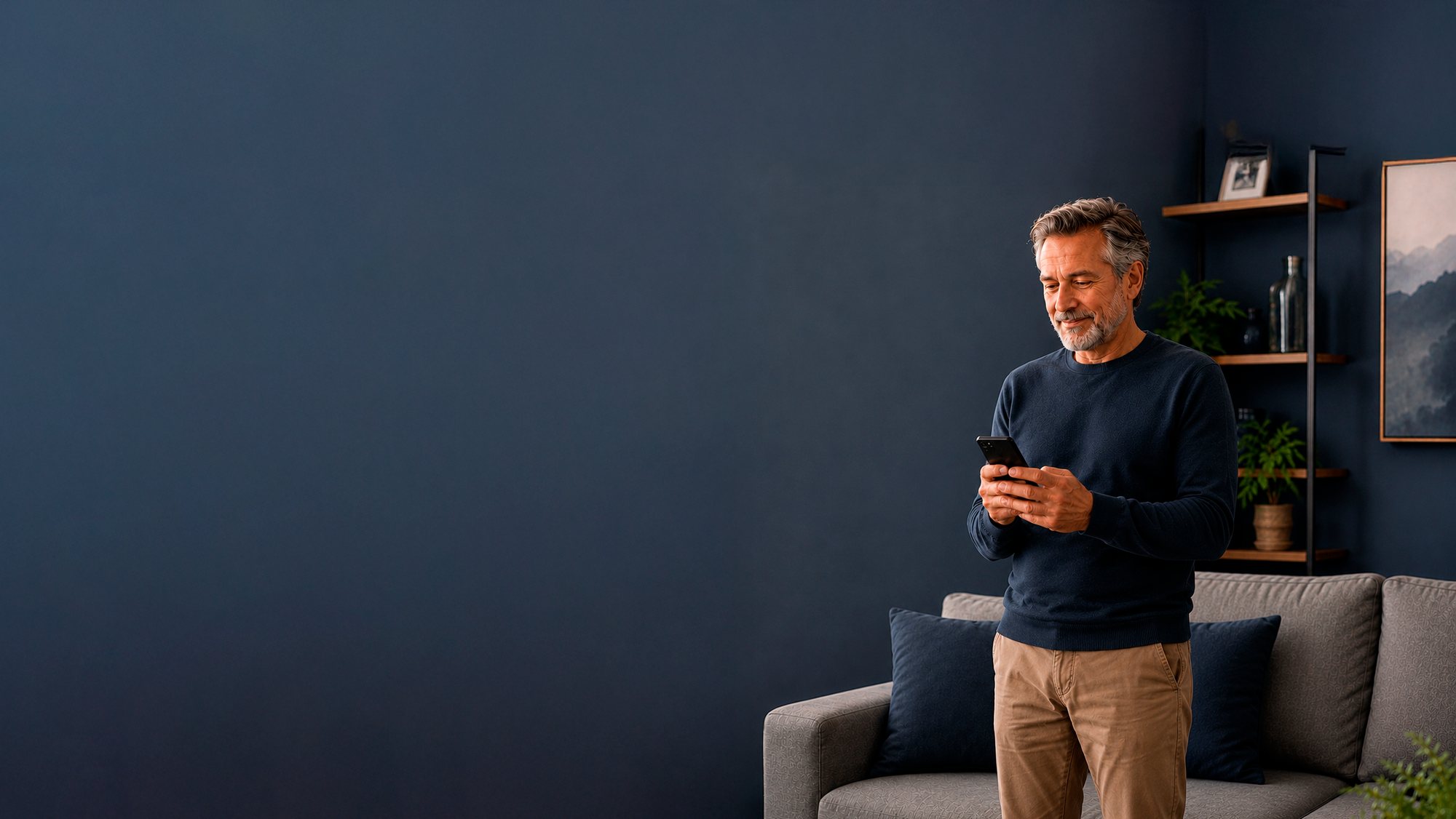 Proprietário de imóvel consultando a simulação do Inglaterra Antecipa no celular, em casa